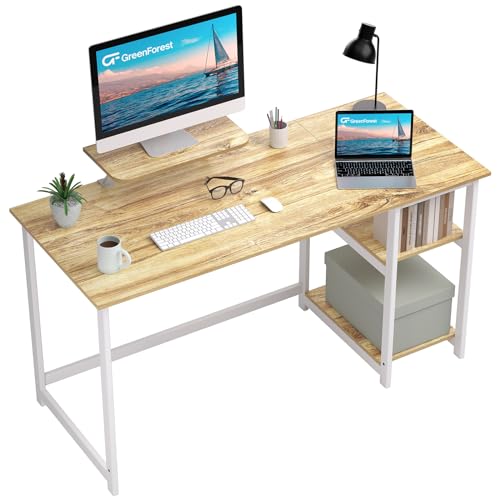 GreenForest Computer Schreibtisch mit Monitorständer,140cm Home Office Schreibtisch mit umkehrbaren Ablagefächern Moderner Laptoptisch PC Gaming Tisch für kleine Räume,Biege von GreenForest