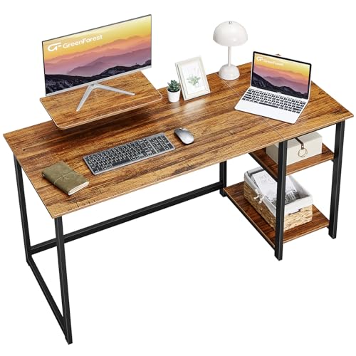 GreenForest Computer Schreibtisch mit Monitorständer,140cm Home Office Schreibtisch mit umkehrbaren Ablagefächern Moderner Laptoptisch PC Gaming Tisch für kleine Räume,Walnuss von GreenForest