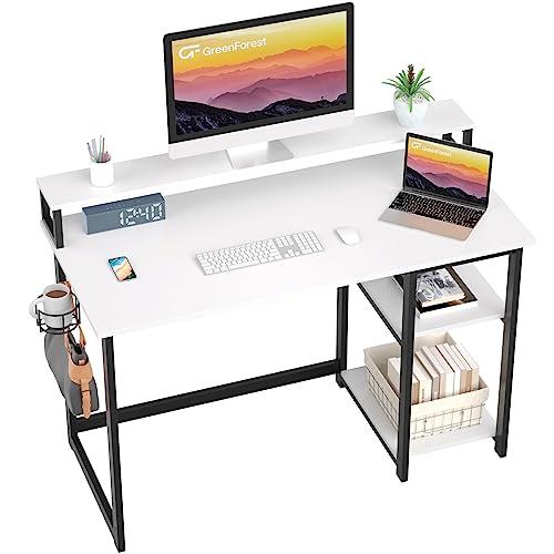 GreenForest Computer Schreibtisch mit vollem Monitor Stand und Reversible Aufbewahrungsregale,100 x 50 cm Home Office Schreibtisch mit Kopfhörerhaken und Becherhaken,Gaming Workstation Tisch,Weiß von GreenForest