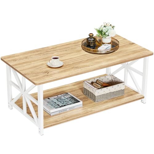 GreenForest Couchtisch mit Stauraum, 100 cm Wohnzimmertisch mit Runder Ecke, Stabiler Sofatisch aus Holz und Metall, Kaffeetisch mit Regal, Rustikales Design, Eiche von GreenForest