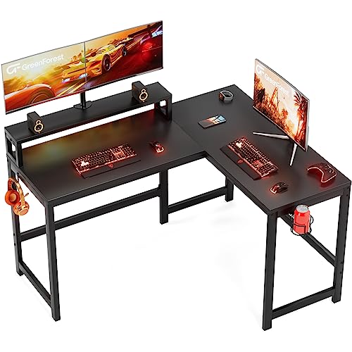 GreenForest Gaming Tisch L Form 128cm Eckschreibtisch mit großem Monitorständer Computertisch mit Becherhalter und Headset-Haken Gaming Schreibtisch PC Tisch,schwarz von GreenForest