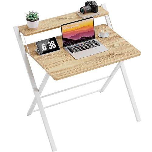 GreenForest Klapptisch Keine Montage erforderlich Große Größe,Computer Schreibtisch mit 2-Tier Regal Laptop Klapptisch für kleine Räume, Beige von GreenForest