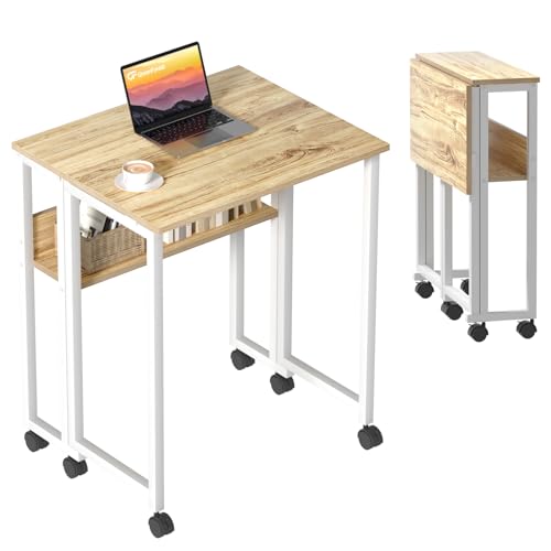 GreenForest Klappschreibtisch Kleiner rollender Schreibtisch mit Staufach, 63 cm Klappbarer Computertisch mit Rollen für kleine Räume, einfache Montage, Beige von GreenForest