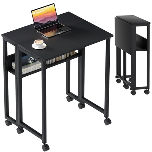 GreenForest Kleiner Schreibtisch Klappbar, 63 cm Klappschreibtisch mit Rollen, Einfache Montage Klappbarer Schreibtisch mit Stauraum, Home Office Klapptisch, Schwarz von GreenForest