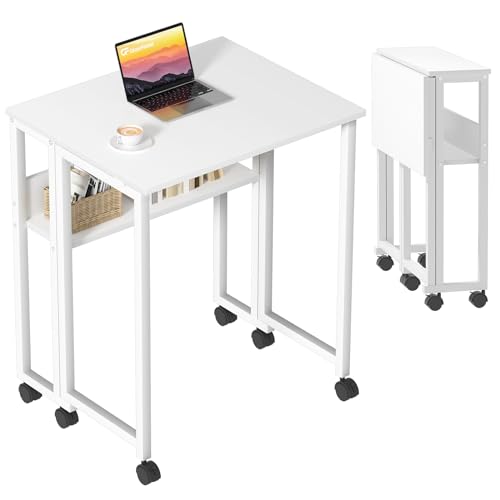 GreenForest Kleiner Schreibtisch Klappbar, 63 cm Klappschreibtisch mit Rollen, Einfache Montage Klappbarer Schreibtisch mit Stauraum, Home Office Klapptisch, Weiß von GreenForest