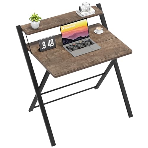 GreenForest Schreibtisch Klappbar für Kleine Räume, Klappbarer Schreibtisch mit Regal, Keine Montage Erforderlich Schreibtisch Klappbar, Home Office Schreibtisch Schmal, Kleine Größe, Dunkelbraun von GreenForest