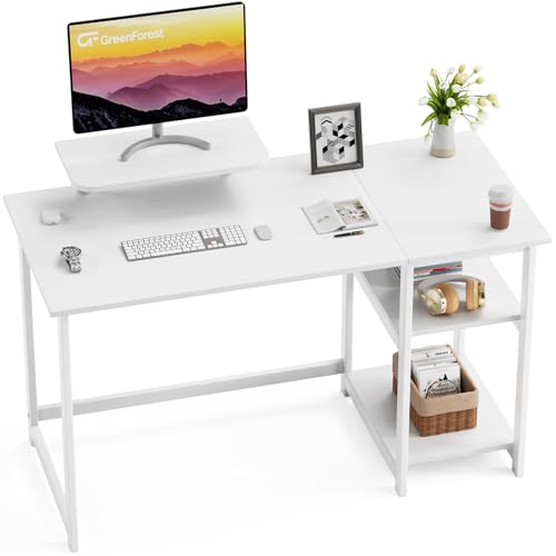 GreenForest Kleiner Schreibtisch Weiß, Bürotisch mit Stauraum, 100cm Computertisch mit Monitorständer für Home Office, Reinweiß von GreenForest