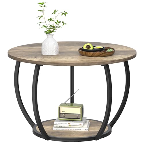 GreenForest Runder Couchtisch mit Stauraum, 70,1 cm, kleiner Wohnzimmertisch mit verstellbaren Füßen, 2-stöckiger Bauernhaus-Mitteltisch für Heimbüro, graue Waschung von GreenForest