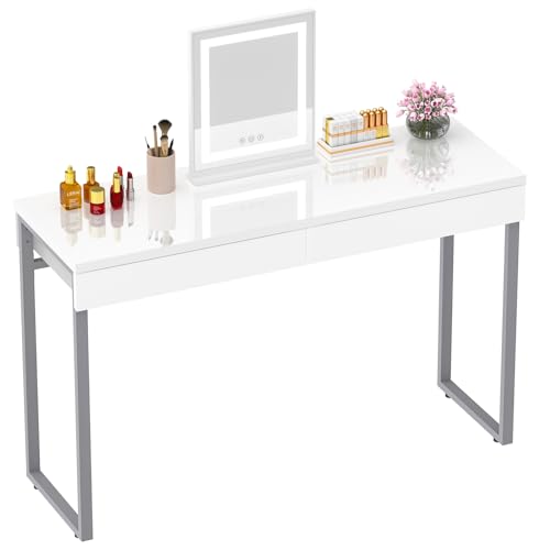 GreenForest Schminktisch 2 Schubladen Glänzend Weiß 100 x 40 cm Moderne Bürocomputer Frisiertisch Konsole Tisch Metall Silber Beine kleine Räume Kosmetiktisch Schlafzimmer Möbel Kein Spiegel,Silber von GreenForest