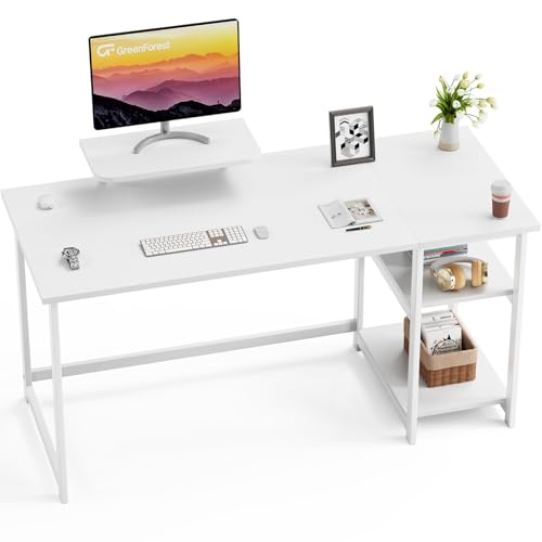GreenForest Schreibtisch 140cm - Bürotisch mit Stauraum und Monitorständer für Home Office, Reinweiß von GreenForest