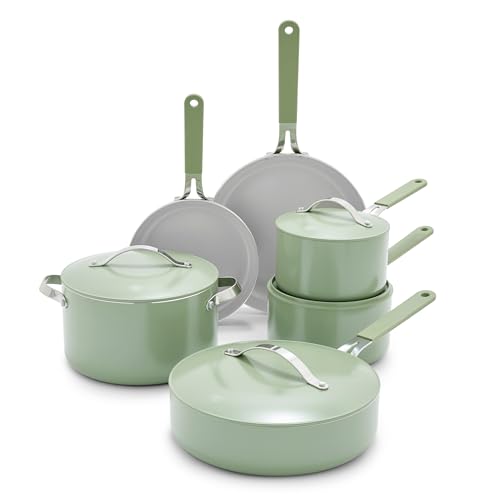 GreenLife 10-teiliges Antihaft-Keramik-Kochgeschirr-Set, leicht, gesund, PFAS-frei, Töpfe und Pfannen mit Deckel, spülmaschinen- und ofenfest, langlebiger Körper, kühlbleibende Silikongriffe von GreenLife
