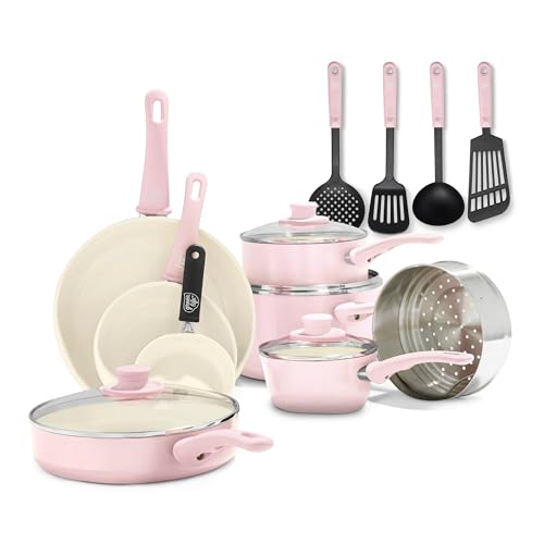 GreenLife Soft Grip Gesunde keramische Antihaftbeschichtung, 16 teiliges Kochgeschirr Set mit Bratpfanne, Stielkasserolle und Kochtopf, PFAS-frei, spülmaschinenfest, Backofenfest, Pink von GreenLife