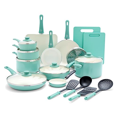 GreenLife Soft Grip 23-teiliges Küchen-Kochgeschirr-Set mit Töpfen und Bratpfannen, gesunde Keramik, antihaftbeschichtet, PFAS und PFOA-frei, spülmaschinen- und ofenfest, gleichmäßiges Erhitzen, von GreenLife