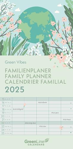 GreenLine - Green Vibes 2025 Familienplaner, 22x45cm, Familienkalender mit effizienter Monatsaufteilung in 5 Spalten, für Familienorganisation, Schulferien und Stundenpläne, mit Spiralbindung von GreenLine
