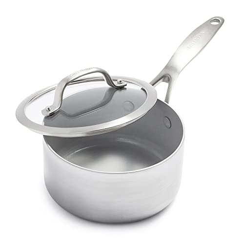 GreenPan Venice Pro Tri-Ply 16cm/1,5l Stielkasserolle mit Deckel, Gesundes Antihaft-Kochgeschirr aus Edelstahl, PFAS-frei, Mehrschichtig, Induktion, Spülmaschinenfest, Backofenfest, Silber von GreenPan