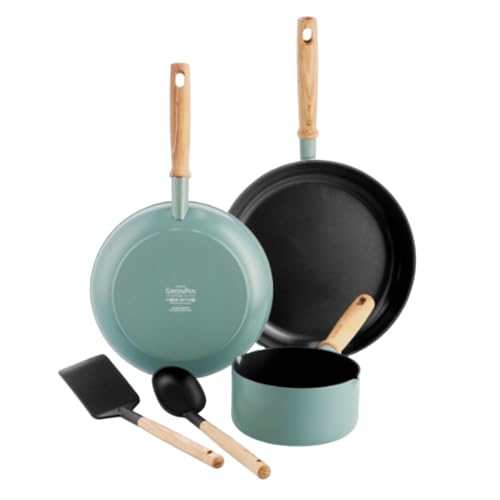 GreenPan Mayflower Gesundes Keramik-Kochgeschirr-Set mit 5 Töpfen und Pfannen, Inklusive Bratpfannen, Kochtopf und Nylonutensilien, Holzgriff, PFAS-frei, Induktion, Rauchblau von GreenPan