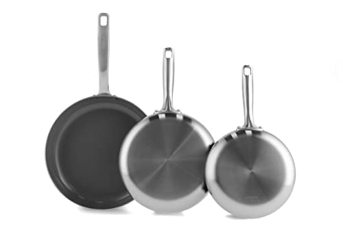 GreenPan Chatham 3-teiliges Bratpfannen-Set, dreilagig, Edelstahl, gesunde Keramik, antihaftbeschichtet, 20,3 cm, 24,1 cm und 27,9 cm, PFAS-frei, mehrfarbig, Induktion, spülmaschinenfest, ofen- und von GreenPan