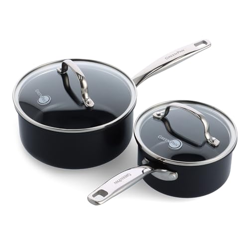 GreenPan Chatham Black Prime Midnight harteloxierte gesunde Keramik-Antihaftbeschichtung, 1QT und 2QT Kochtopf-Set mit Deckel, PFAS-frei, spülmaschinenfest, ofenfest, schwarz von GreenPan