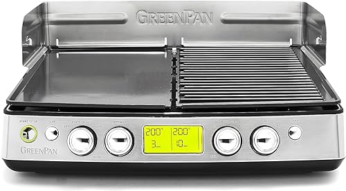 GreenPan Elite XL Smoke-less Grill & Griddle, 2 Removable Grill and Griddle Plates, PFAS-freie gesunde keramische, Einstellbare Zeit, Temperatur und Anbratmodus, LED-Anzeige, 1800W, Edelstahl von GreenPan