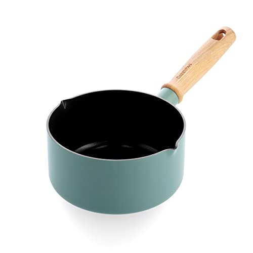 GreenPan Mayflower Gesunde keramische Antihaft Stielkasserolle 16 cm/1,6 Liter mit Ausgießer, Vintage-Holzgriff, PFAS-frei, Induktion, Rauchblau von GreenPan