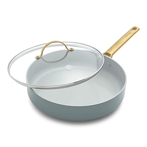 GreenPan Padova Reserve Harteloxierte Gesunde Keramische Antihaft 28 cm/3 Liter Sautierpfanne mit Glasdeckel, PFAS-frei, Induktion, Goldgriff, Spülmaschinenfest, Backofenfest, Rauchblau von GreenPan