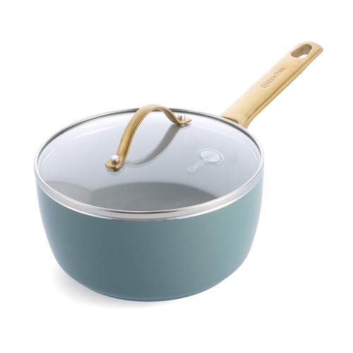 GreenPan Padova Reserve Harteloxierte Gesunde Keramische Antihaft Kochtopf 18 cm/2 Liter mit Glasdeckel, PFAS-frei, Induktion, Goldgriff, Spülmaschinenfest, Backofenfest, Rauchblau von GreenPan