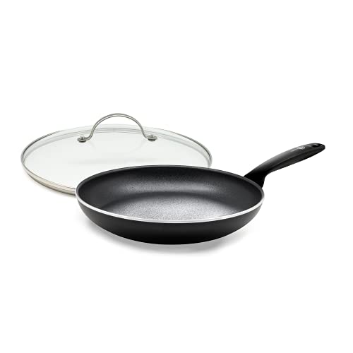 GreenPan Pfanne Bratpfanne Induktion Keramik Beschichtet, Toxinfreies Kochen, Ofen- und Spülmaschinengeeignet mit Universal Glasdeckel für Bratpfanne und Kochtopf mit Edelstahl Griff - 28 cm, Schwarz von GreenPan