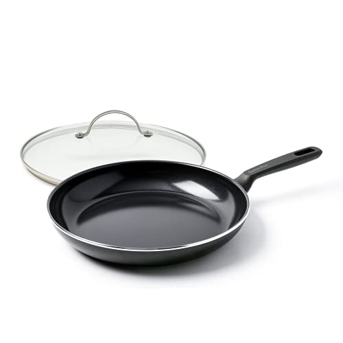 GreenPan Pfanne Bratpfanne Induktion Keramik Beschichtet, Toxinfreies Kochen, Ofen- und Spülmaschinengeeignet mit Universal Glasdeckel für Bratpfanne und Kochtopf mit Edelstahl Griff - 28 cm, Schwarz von GreenPan