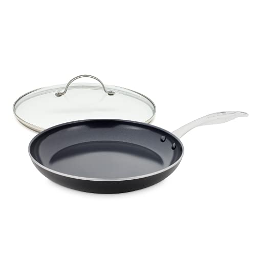 GreenPan Pfanne Bratpfanne Induktion Keramik Beschichtet, Toxinfreies Kochen, Ofen- und Spülmaschinengeeignet mit Universal Glasdeckel für Bratpfanne und Kochtopf mit Edelstahl Griff - 30 cm, Schwarz von GreenPan