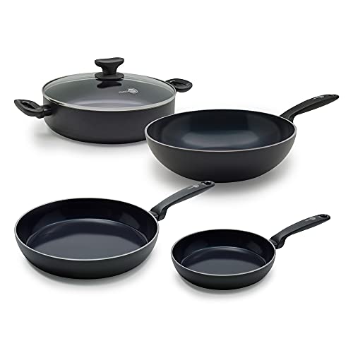 GreenPan Pfanne Bratpfanne Induktion Keramik Beschichtet, Toxinfreies Kochen,Ofen und Spülmaschinengeeignet, 20 cm + 28 cm, Schwarz + Servierpfanne, 28 cm/4.2L, Schwarz + Wokpfanne, 28 cm/36L, Schwarz von GreenPan