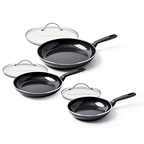 GreenPan Pfannenset Pfanne Induktion Keramik Beschichtet, Toxinfreies Kochen, Ofen- und Spülmaschinengeeignet mit Universal Glasdeckel- 20/24/30 cm, Schwarz von GreenPan