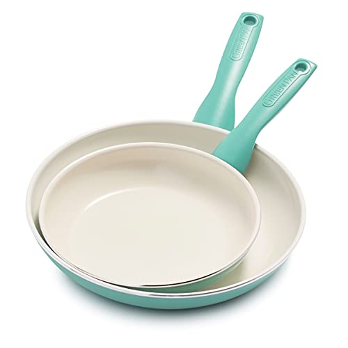 GreenPan Rio Gesundes, Antihaft-Keramik Bratpfannen-Set 2-teilig, 20 cm & 26cm, PFAS-frei, Stay-Cool-Griff, Backofenfest bis 160°C, Spülmaschinenfest, Türkis & Crème von GreenPan