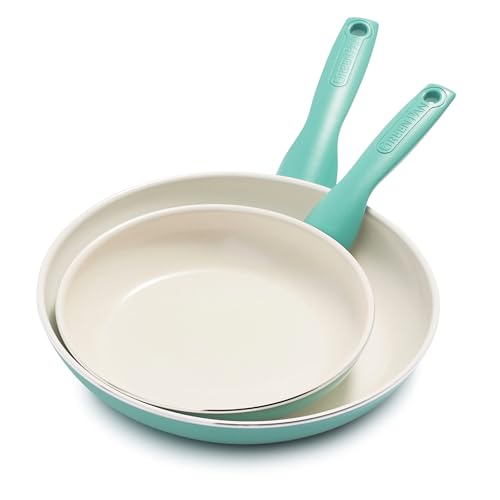 GreenPan Rio Gesundes, Antihaft-Keramik Bratpfannen-Set 2-teilig, 20 cm & 26cm, PFAS-frei, Stay-Cool-Griff, Backofenfest bis 160°C, Spülmaschinenfest, Türkis & Crème von GreenPan