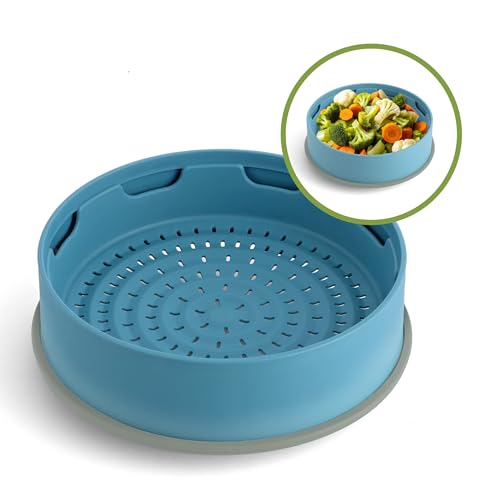 GreenPan Steamy 2-in-1 Dampfkorb und Sieb aus Antihaft-Silikon Ø 24 cm, Ohne PFAS, Stapelbar, Gesunde Küche, Gemüse, Reis, Fleisch, Fisch, Teigtaschen, Spülmaschinenfest, Blau von GreenPan