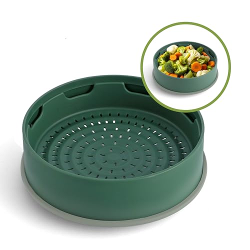 GreenPan Steamy 2-in-1 Dampfkorb und Sieb aus Antihaft-Silikon Ø 24 cm, Ohne PFAS, Stapelbar, Gesunde Küche, Gemüse, Reis, Fleisch, Fisch, Teigtaschen, Spülmaschinenfest, Grün von GreenPan