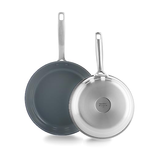 GreenPan Treviso Edelstahl Gesunde Antihaftbeschichtung aus Keramik Non-Stick 24cm & 28cm Bratpfannenset, PFAS-frei, Induktion, Backofen geeignet, Spülmaschinenfest, Silber von GreenPan