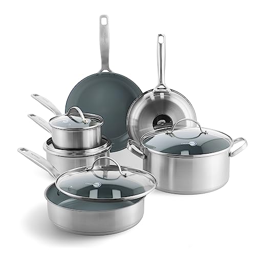 GreenPan Treviso Edelstahl Gesunde Antihaftbeschichtung aus Keramik 10-teiliges Kochgeschirr-Set, inkl. Bratpfannen, Sautierpfanne, PFAS-frei, Induktion, backofenfest, spülmaschinenfest, Silber von GreenPan