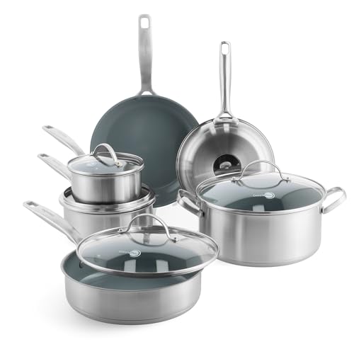 GreenPan Treviso Edelstahl Gesunde Antihaftbeschichtung aus Keramik 10-teiliges Kochgeschirr-Set, inkl. Bratpfannen, Sautierpfanne, PFAS-frei, Induktion, backofenfest, spülmaschinenfest, Silber von GreenPan