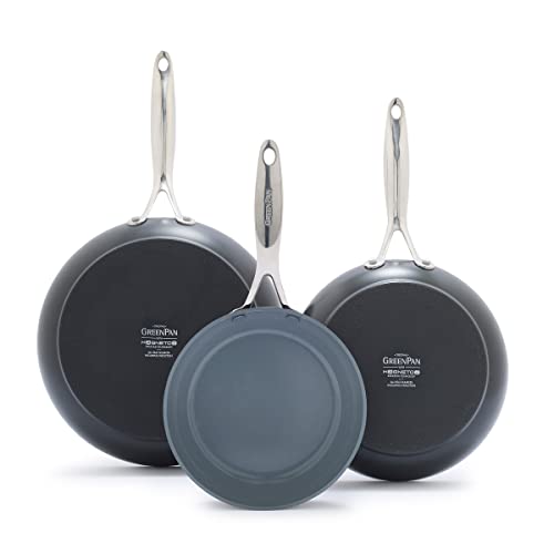 GreenPan Valencia Pro Bratpfannen-Set, harteloxiert, gesunde Keramik, antihaftbeschichtet, 20,3 cm, 24,1 cm und 27,9 cm, PFAS-frei, induktions-, spülmaschinenfest, ofenfest, grau von GreenPan