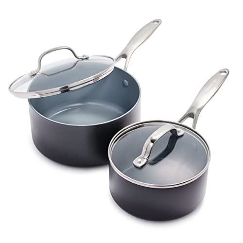 GreenPan Valencia Pro Harteloxierte Gesunde Keramik Antihaft 16cm & 20cm Kochtopf Set, 2 Stück Set, PFAS-frei, Induktion, Spülmaschinenfest, Backofenfest, Grau von GreenPan