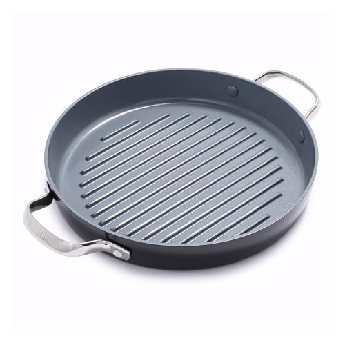 GreenPan Valencia Pro Harteloxierte Gesunde Keramik Antihaft 28 cm Runde Grillpfanne, PFAS-frei, Induktion, Spülmaschinenfest, Backofenfest, Grau von GreenPan