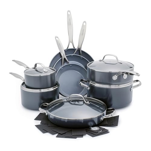 GreenPan Valencia Pro Harteloxiertes, gesundes, keramisches Non-Stick 16-teiliges Topf- und Pfannenset, Kochgeschirrset, PFAS-frei, Induktion, spülmaschinenfest, backofenfest, grau von GreenPan