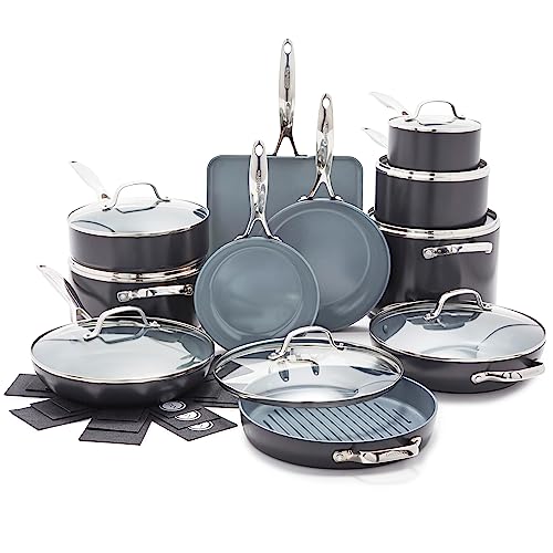 GreenPan Valencia Pro harteloxierte gesunde Keramik-Kochgeschirr-Set, antihaftbeschichtet, 22-teiliges Kochgeschirr-Set für Grill, Grill, Saute- und Soßentöpfe, Suppentopf, Deckel, PFAS-frei, von GreenPan