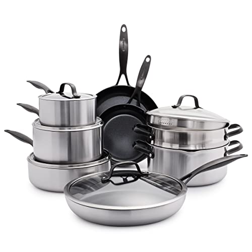 GreenPan Venice Pro Noir Topf- und Pfannen-Set, 13-teilig, 3-lagiger Edelstahl, Gesunde Keramik-Antihaftbeschichtung, Mattschwarze Griffe, PFAS-frei, Induktion, Spülmaschinenfest, Backofenfest, Silber von GreenPan