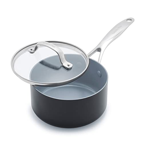 GreenPan Valencia Pro Harteloxierte Gesunde Keramik Antihaft 16 cm / 1,4 Liter Stielkasserolle mit Deckel, PFAS-frei, Induktion, spülmaschinenfest, backofenfest, grau von GreenPan