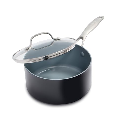 GreenPan Valencia Pro Harteloxierte Gesunde Keramik Antihaft 18 cm / 2 Liter Stielkasserolle mit Deckel, PFAS-frei, Induktion, spülmaschinenfest, backofenfest, Grau von GreenPan