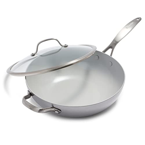 GreenPan Venice Pro Tri-Ply 30cm Wok mit Hilfsgriff und Deckel, Gesundes Antihaft-Kochgeschirr aus Edelstahl, PFAS-frei, Mehrschichtig, Induktion, Spülmaschinenfest, Backofenfest, Silber von GreenPan