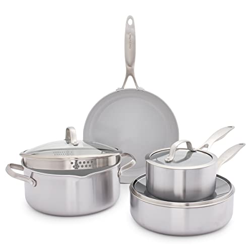 GreenPan Venice Pro Tri-Ply 7-teiliges Kochgeschirr Töpfe & Pfannen Set, Gesundes Antihaft-Kochgeschirr aus Edelstahl, Enthält Bratpfanne,Sautopf,PFAS-frei,Induktion,Spülmaschinen- und ofenfest,Silber von GreenPan