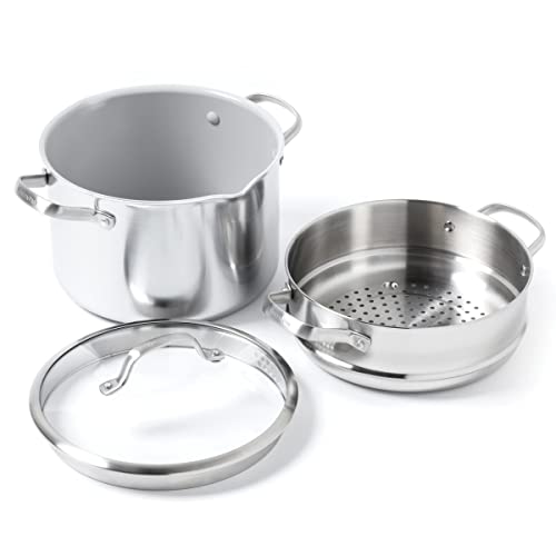 GreenPan Venice Pro Tri-Ply Edelstahl-Gesundheits-Keramik-Antihaft 24cm/7,6 L Mehrzweck-Kochtopf mit Dampfgarer/Siebeinsatz & Glasdeckel, PFAS-frei, Induktion, Spülmaschinen- und ofenfest, Silber von GreenPan