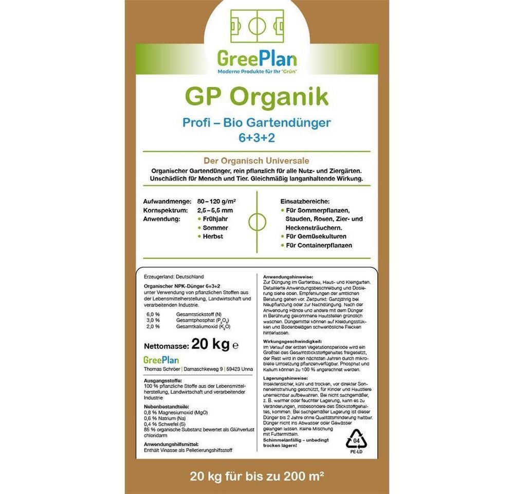 GreenPlan Gartendünger Organik Profi BIO Universal-Gartendünger 20kg 165-250 m², biologisch von GreenPlan